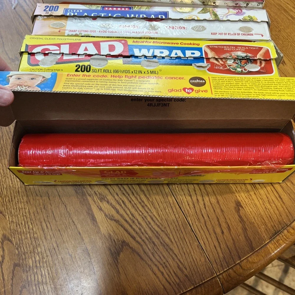 Vintage Saran, Glad, Handi, Target Cling  Plastic Wrap Clear & Red All Open Used